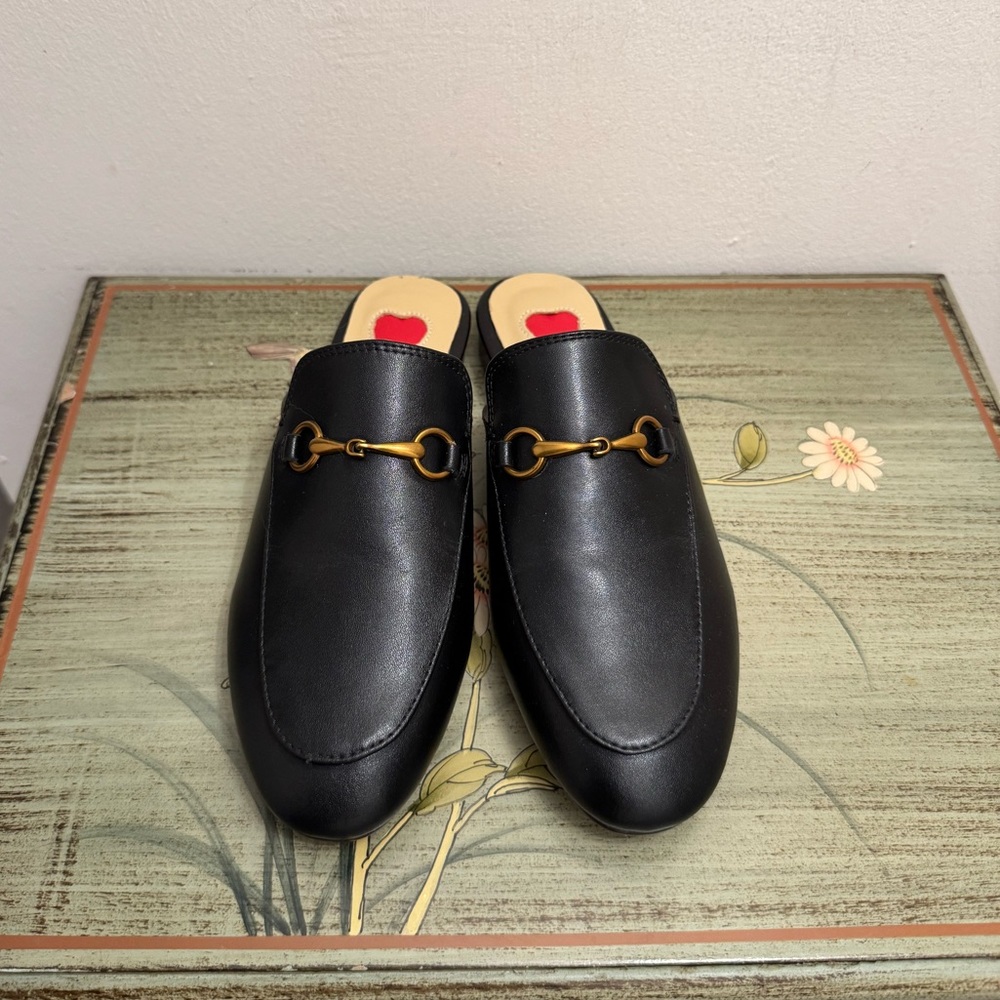Women's Black Leather Slide Loafers with Gold Horsebit
